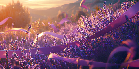 Lavender Field with Flowing Ribbons and Warm Sunset Light 