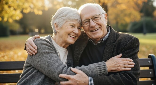Happy elderly couple embracing in autumn park, sharing a loving moment