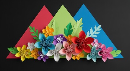 Colorful Paper Flowers Bloom on Geometric Mountain Backdrop