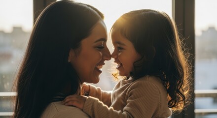 Joyful mother and toddler daughter share tender moment with noses touching