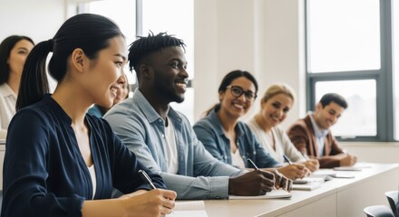 Fototapeta premium Diverse group of smiling students in a university classroom taking notes during a lecture