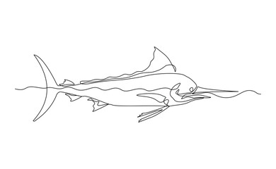Continuous line of blue marlin fish swordfish jumping from underwater aquatic marine sea ocean animal fishing logo icon sketch drawing editable stroke vector illustration