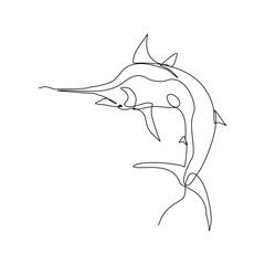 Continuous line of blue marlin fish swordfish jumping from underwater aquatic marine sea ocean animal fishing logo icon sketch drawing editable stroke vector illustration