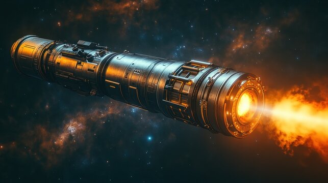 Futuristic spacecraft blasting orange flames in deep space - Powered by Adobe