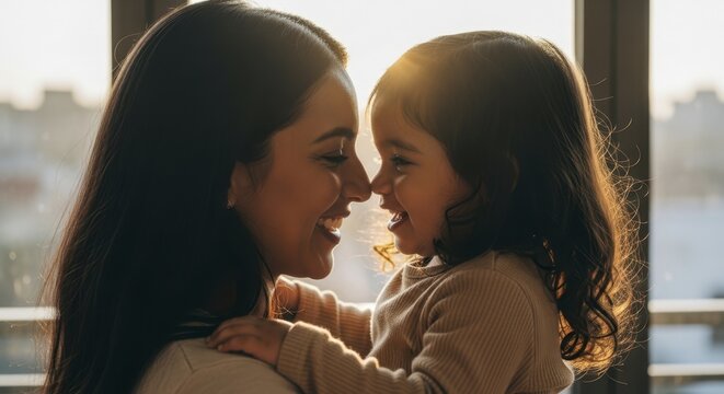 Joyful mother and toddler daughter share tender moment with noses touching