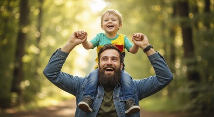 Fototapeta premium Happy father with beard carrying his laughing son on shoulders in a sunny forest