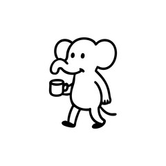 A simple black line drawing of a cartoon elephant holding a cup