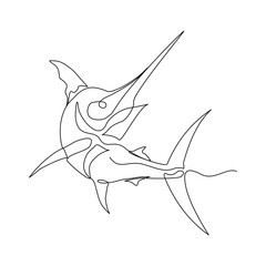 Continuous line of blue marlin fish swordfish jumping from underwater aquatic marine sea ocean animal fishing logo icon sketch drawing editable stroke vector illustration