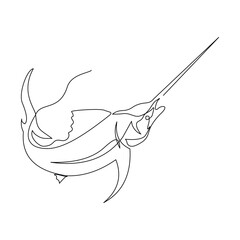 Continuous line of blue marlin fish swordfish jumping from underwater aquatic marine sea ocean animal fishing logo icon sketch drawing editable stroke vector illustration