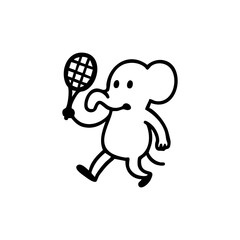 Cartoon elephant holding a tennis racket, walking