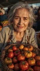 A woman holding a basket full of tomatoes at an outdoor market with other people in background