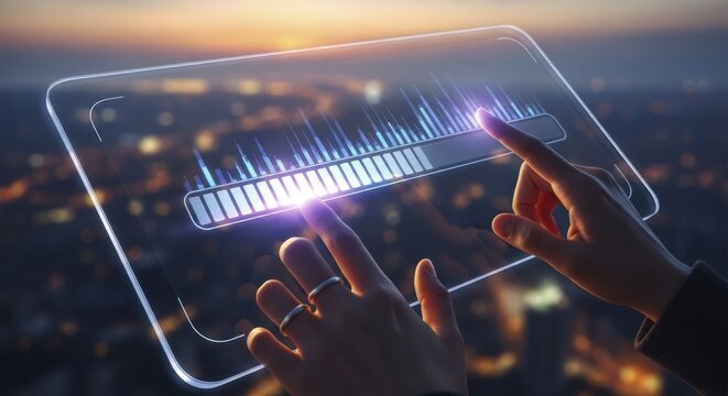 Hands interacting with transparent digital display showing progress bar and data