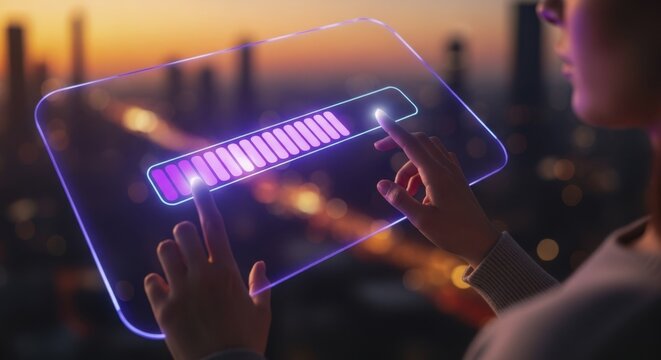 Woman hands interacting with a futuristic digital display showing a glowing progress bar