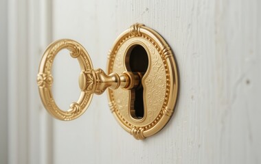 Golden key and keyhole on white door with intricate details and embellishments