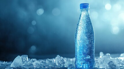 A chilled blue plastic water bottle surrounded by ice cubes, with a cool, frosty atmosphere and light reflections in the background.