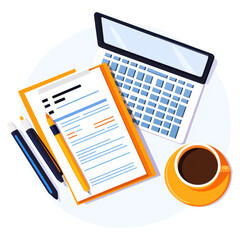 Workspace with Laptop, Coffee, Notepad, and Writing Tools on Table, isolated on transparent background.