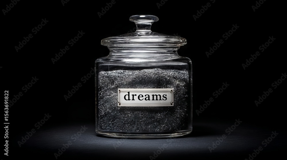 Poster glass jar filled with shimmering black material labeled dreams, illuminated against a dark backgroun