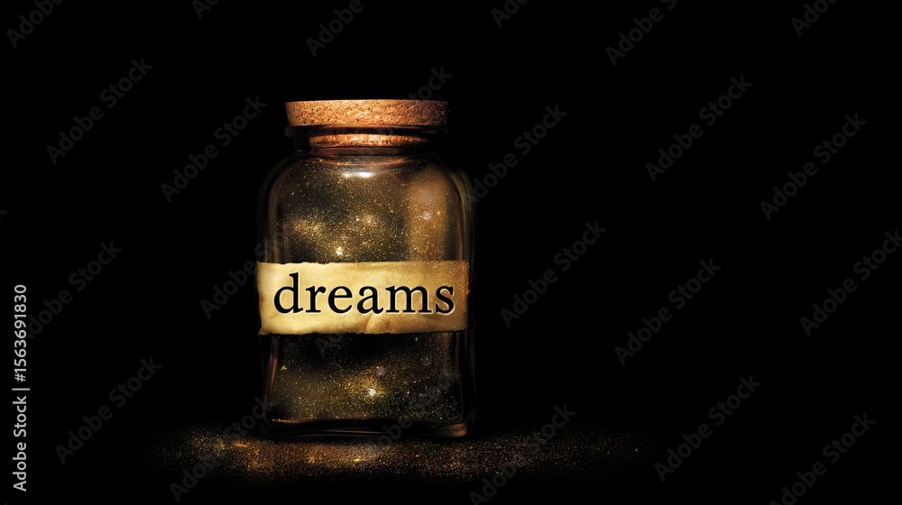 Poster glass jar filled with shimmering particles labeled dreams, illuminated against a dark background, cr