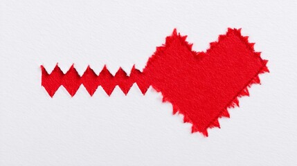 Red felt heart cutout with zigzag edges on white background, symbolizing love and creativity, perfect for romantic themes and artistic projects