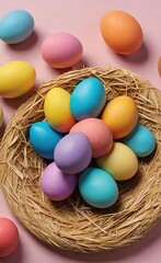 Colorful Festive Easter Eggs in Straw Nest on White Background