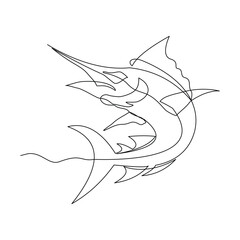 Continuous line of blue marlin fish swordfish jumping from underwater aquatic marine sea ocean animal fishing logo icon sketch drawing editable stroke vector illustration