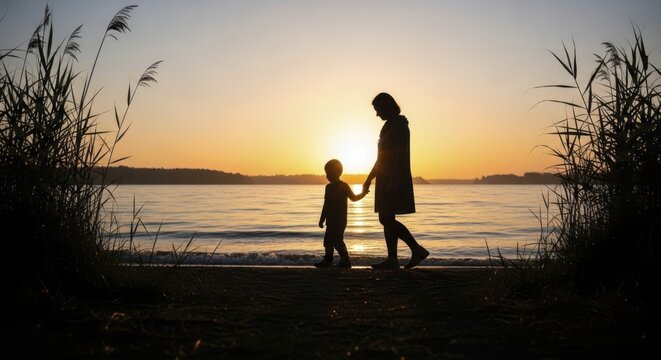 Silhouette of mother and son walking hand in hand at lakeside sunset