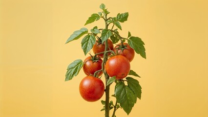 A tomato plant with several ripe red tomatoes and green leaves against a yellow background studio shot