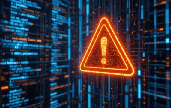 Digital security alert, coding error and warning symbol over circuit board network