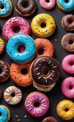 Delicious Colorful Donuts with Various Toppings on Graphite Background - Flat Lay