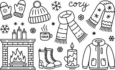 Obraz premium Winter Cozy Items Illustration Mittens Hat Scarf Fireplace Boots Jacket Cocoa Candles