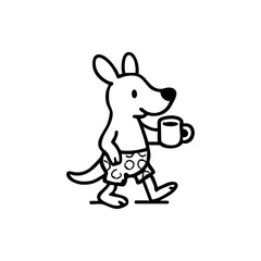 Cartoon kangaroo in swim trunks holding a coffee mug