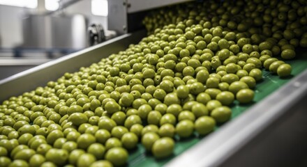 Vibrant green olives moving on conveyor belt in olive oil production factory