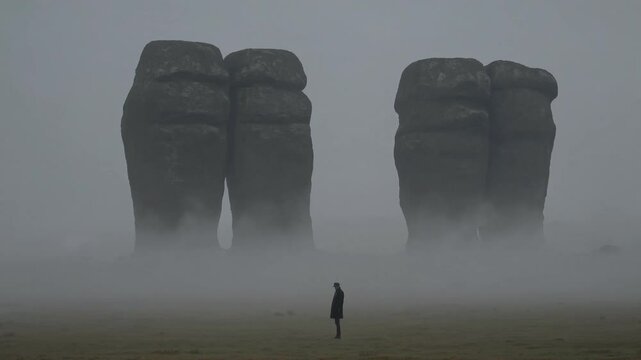 Silhouette entre deux rochers g&eacute;ants dans la brume