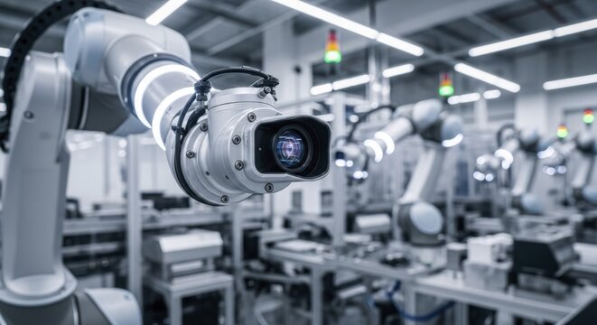 Automated industrial robot arm with vision system in modern manufacturing plant