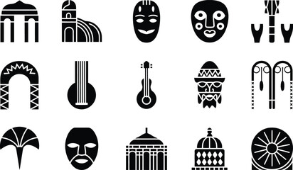 Black and White Icon Set of Cultural Objects and Symbols