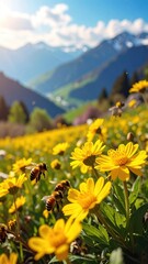 Bees Pollinating Yellow Flowers with Mountain Landscape.
