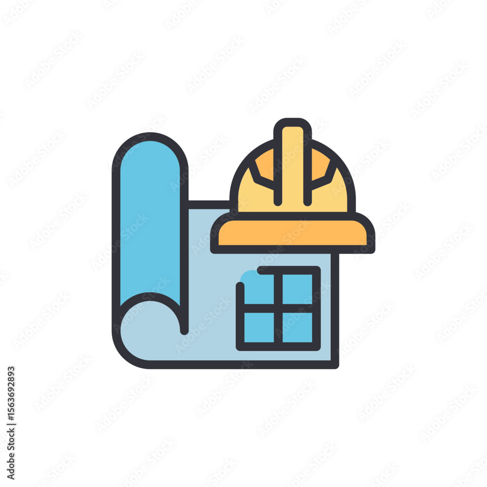 Poster blueprint and hardhat representing construction and engineering project