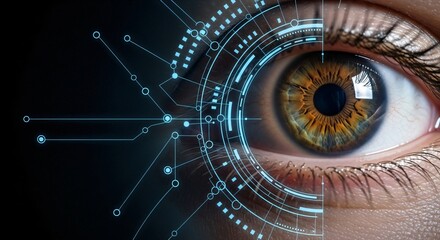 Human eye with digital interface overlay. Biometric identification in futuristic security concept. Cybernetic vision technology.