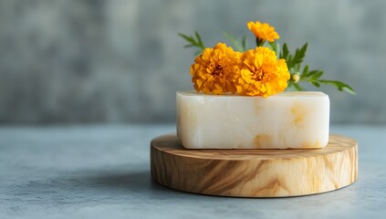 Handmade soap with yellow flowers on wooden stand against gray background