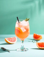 Fizzy grapefruit cocktail with ice and citrus garnish in clear glass on pastel green and blue background with cocktail spoon and soft glass shadows.