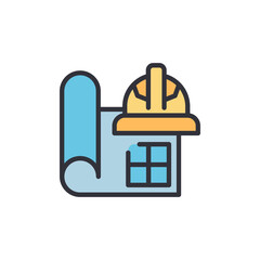 Blueprint And Hardhat Representing Construction And Engineering Project