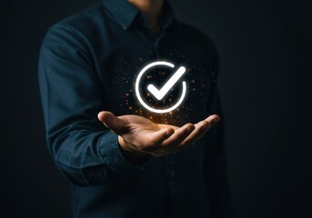 Man holding a glowing checkmark symbol representing success and approval