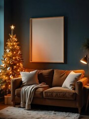 A cozy living room a large blank frame on wooden wall. A Christmas tree with vintage ornaments stands next to a brown sofa knitted pillows,mockup frame is decorated with natural elements, scandi