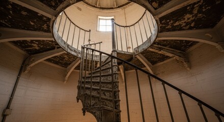 Obraz premium Inside a lighthouse, a rusty spiral staircase ascends towards a window, illuminated by natural light, depicting an old tower.