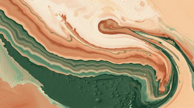 Abstract macro painting with swirling patterns in deep forest green, terracotta, and sandy beige. Earthy, organic textures and harmonious color blend create a modern natural background, ideal for desi