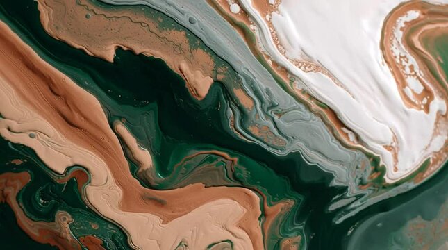 Abstract macro painting with swirling patterns in deep forest green, terracotta, and sandy beige. Earthy, organic textures and harmonious color blend create a modern natural background, ideal for desi