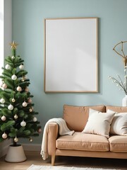 A cozy living room a large blank frame on wooden wall. A Christmas tree with vintage ornaments stands next to a brown sofa knitted pillows,mockup frame is decorated with natural elements, scandi