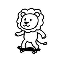 A stylized black and white illustration of a cartoon lion riding a skateboard