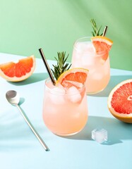 Fizzy grapefruit cocktail with ice and citrus garnish in clear glass on pastel green and blue background with cocktail spoon and soft glass shadows.
