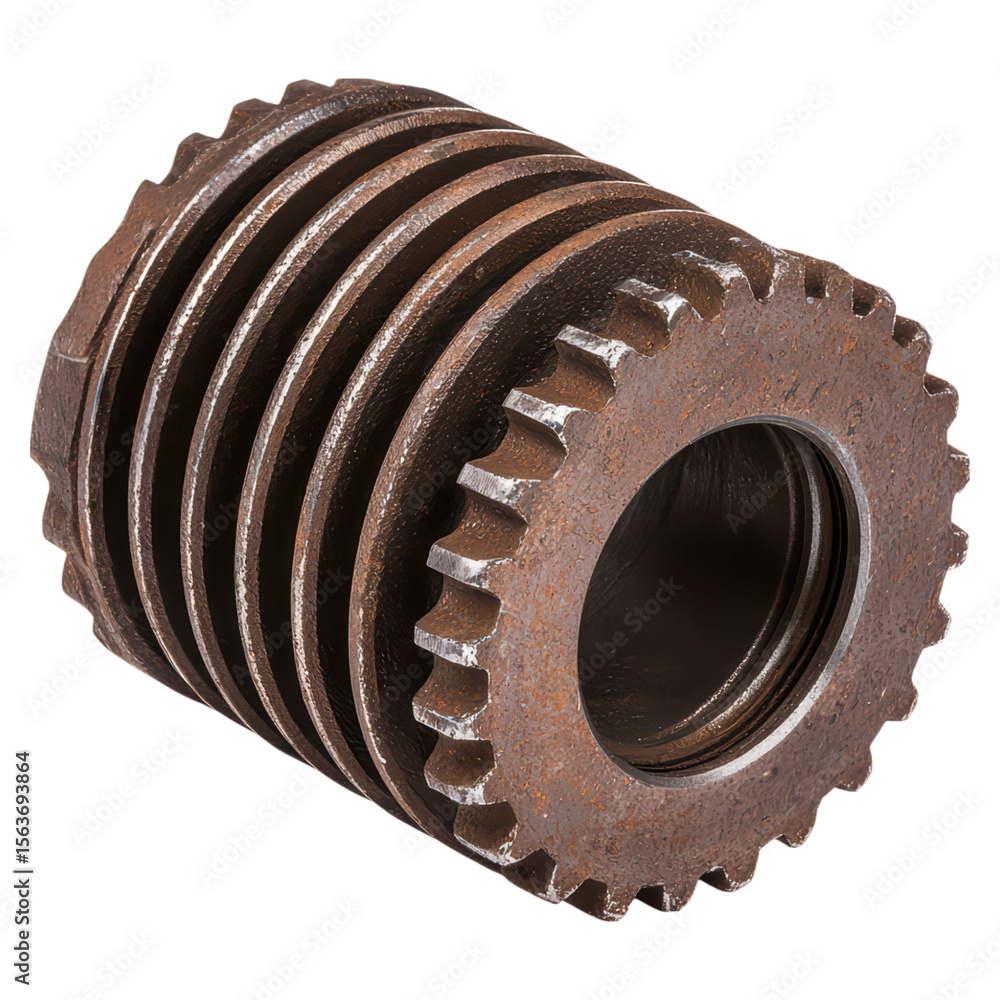 Poster rusty gear wheel component with threaded design for industrial use, isolated on transparent backgrou
